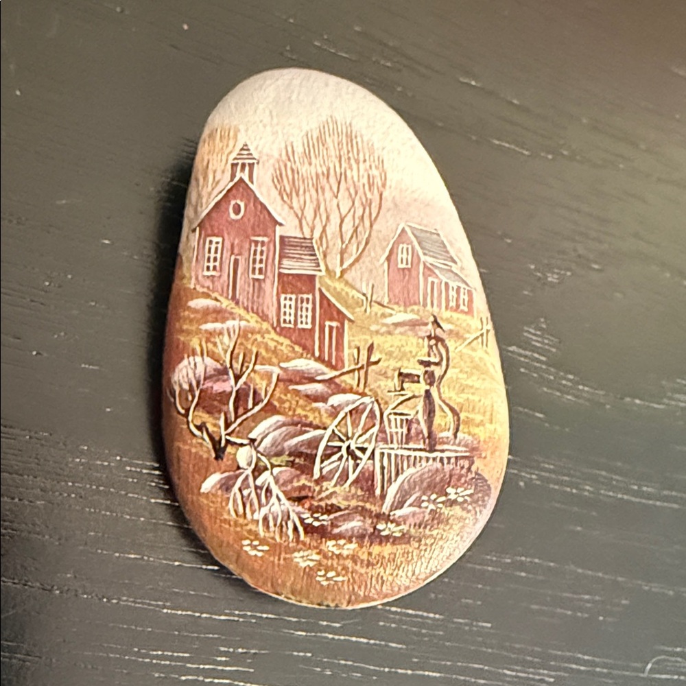 Artisan hand-painted stone featuring a rustic countryside landscape brooch